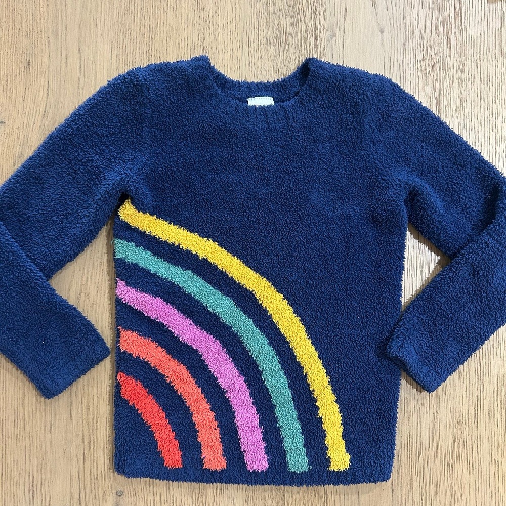 Hanna Andersson Fuzzy Soft Girls Sweater Size 6-7 Navy with Rainbow